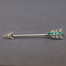 Load image into Gallery viewer, Diamond arrow pin. Jabot pin. Arrow pin. Victorian arrow. Antique arrow pin. Antique jewellery. Antique jewelry. Diamond arrow. Vintage arrow pin. Emerald arrow. Emerald arrow pin. Small arrow pin.
