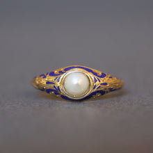 Load image into Gallery viewer, Antique enamel ring. Blue enamel ring. Victorian enamel ring. Antique pearl ring with blue enamel. Victorian pearl ring with blue enamel. Antique pinky ring. Victorian pinky ring. Antique Swedish ring.
