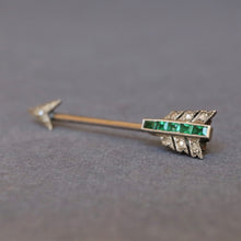 Load image into Gallery viewer, Antique Art Deco diamond jabot pin with green paste in 9ct gold
