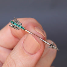 Load image into Gallery viewer, Diamond arrow pin. Jabot pin. Arrow pin. Victorian arrow. Antique arrow pin. Antique jewellery. Antique jewelry. Diamond arrow. Vintage arrow pin. Emerald arrow. Emerald arrow pin. Small arrow pin.
