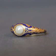 Load image into Gallery viewer, Antique Victorian era blue enamel pinky ring with pearl in 18ct gold
