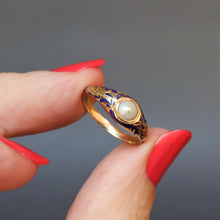 Load image into Gallery viewer, Antique enamel ring. Blue enamel ring. Victorian enamel ring. Antique pearl ring with blue enamel. Victorian pearl ring with blue enamel. Antique pinky ring. Victorian pinky ring. Antique Swedish ring.
