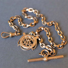 Load image into Gallery viewer, Antique oval link watch chain in 9ct gold with fob (12.8&quot;/32.5cm)
