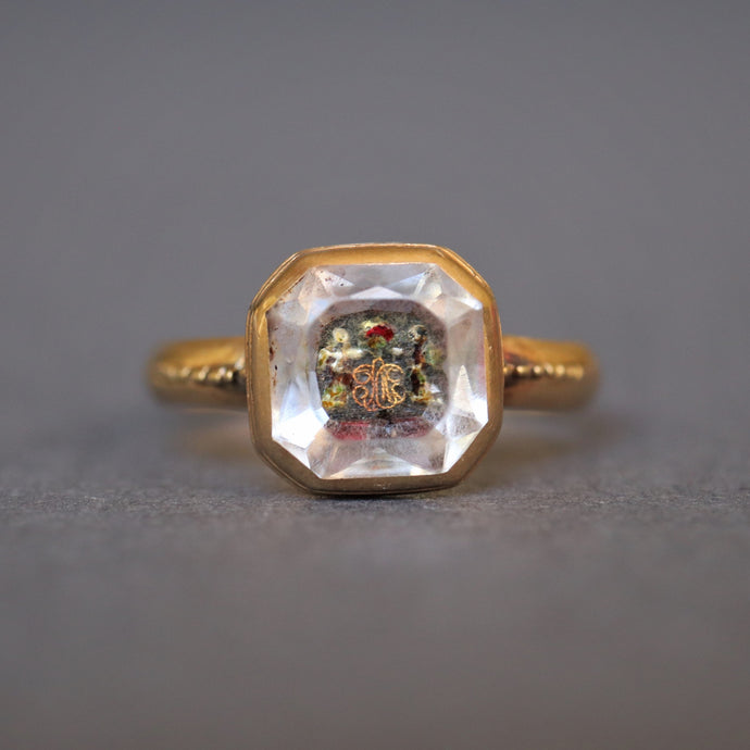 Stuart crystal ring. Antique Stuart crystal ring. Rare antique ring. Rare ring. Rock quartz ring. Rock crystal ring. Gold cipher. Pink foil. Pink foiling. 15ct gold ring. 1700s ring. 1700s jewelry. Stuart period ring. Stuart period jewelry. 18th century ring. 18th century jewelry.