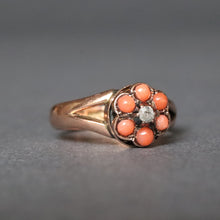 Load image into Gallery viewer, Antique Victorian coral &amp; diamond cluster daisy ring in 9ct gold
