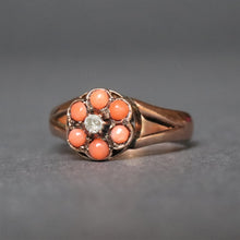 Load image into Gallery viewer, Antique Victorian coral &amp; diamond cluster daisy ring in 9ct gold
