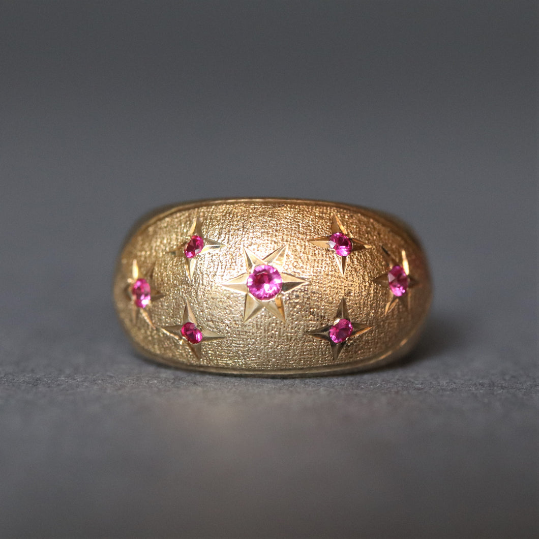 Vintage bombe ring. Vintage dome ring. Vintage spinel dome ring. Vintage spinel bombe ring. Pink spinel ring. Star setting ring. Vintage gold dome ring. Vintage gold bombe ring. Textured gold ring. Stippled gold ring.