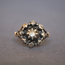 Load image into Gallery viewer, Georgian ring. Antique cluster ring. Georgian cluster ring. Georgian diamond ring. Antique diamond ring. Georgian rose cut diamond ring. Antique diamond halo ring. Antique diamond cluster ring. 
