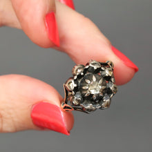 Load image into Gallery viewer, Georgian ring. Antique cluster ring. Georgian cluster ring. Georgian diamond ring. Antique diamond ring. Georgian rose cut diamond ring. Antique diamond halo ring. Antique diamond cluster ring.
