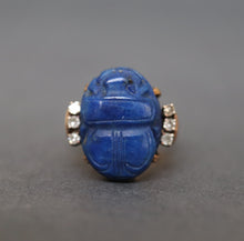 Load image into Gallery viewer, Scarab ring. Ancient scarab ring. Lapis lazuli scarab. Blue scarab ring. Scarab and diamond ring. Ancient Egyptian ring. Vintage Egyptian ring. Egyptian ring. Egyptian scarab ring. Lapis lazuli and diamond ring.
