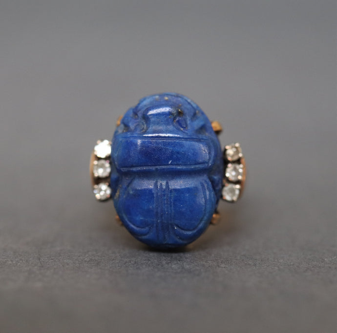 Scarab ring. Ancient scarab ring. Lapis lazuli scarab. Blue scarab ring. Scarab and diamond ring. Ancient Egyptian ring. Vintage Egyptian ring. Egyptian ring. Egyptian scarab ring. Lapis lazuli and diamond ring.