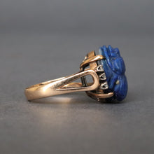 Load image into Gallery viewer, Vintage lapis lazuli scarab ring with diamonds in 14ct gold
