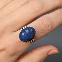 Load image into Gallery viewer, Scarab ring. Ancient scarab ring. Lapis lazuli scarab. Blue scarab ring. Scarab and diamond ring. Ancient Egyptian ring. Vintage Egyptian ring. Egyptian ring. Egyptian scarab ring. Lapis lazuli and diamond ring.
