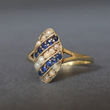 Load image into Gallery viewer, Antique Edwardian era sapphire &amp; pearl navette ring in 14ct gold
