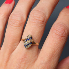 Load image into Gallery viewer, antique edwardian sapphire pearl navette ring 14ct 14k gold vintage jewelry jewellery split shoulder art deco marquise
