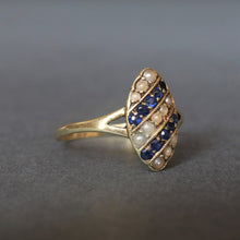 Load image into Gallery viewer, Antique Edwardian era sapphire &amp; pearl navette ring in 14ct gold
