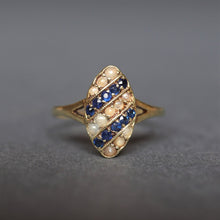 Load image into Gallery viewer, antique edwardian sapphire pearl navette ring 14ct 14k gold vintage jewelry jewellery split shoulder art deco marquise
