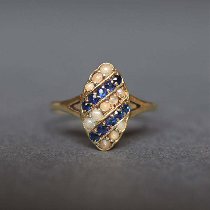 antique edwardian sapphire pearl navette ring 14ct 14k gold vintage jewelry jewellery split shoulder art deco marquise