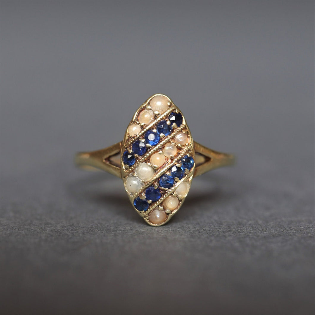 antique edwardian sapphire pearl navette ring 14ct 14k gold vintage jewelry jewellery split shoulder art deco marquise