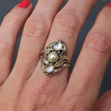 Load image into Gallery viewer, antique pearl moonstone ring 14ct 14k white yellow gold art nouveau blue schiller floral
