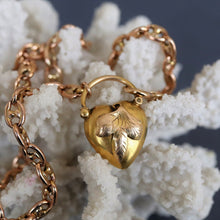 Load image into Gallery viewer, antique Victorian puffy heart padlock pendant ivy leaf 14ct 14k gold vintage jewellery jewelry keepsake gucci link chain mariner anchor
