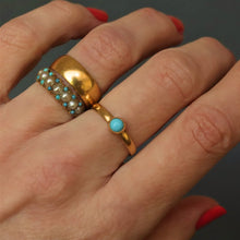 Load image into Gallery viewer, antique Victorian turquoise cabochon solitaire ring 22ct 22k gold stacking band vintage jewelry jewellery wide pearl half hoop
