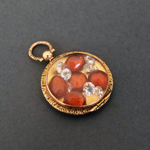 Load image into Gallery viewer, antique edwardian locket 9ct 9k gold garnet sapphire white shaker gems vintage jewelry jewellery  chased chasing engine turned hessionite
