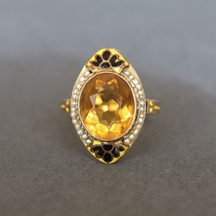 antique vintage art nouveau navette citrine jewelry jewellery ring enamel gold 14ct 14k marquise