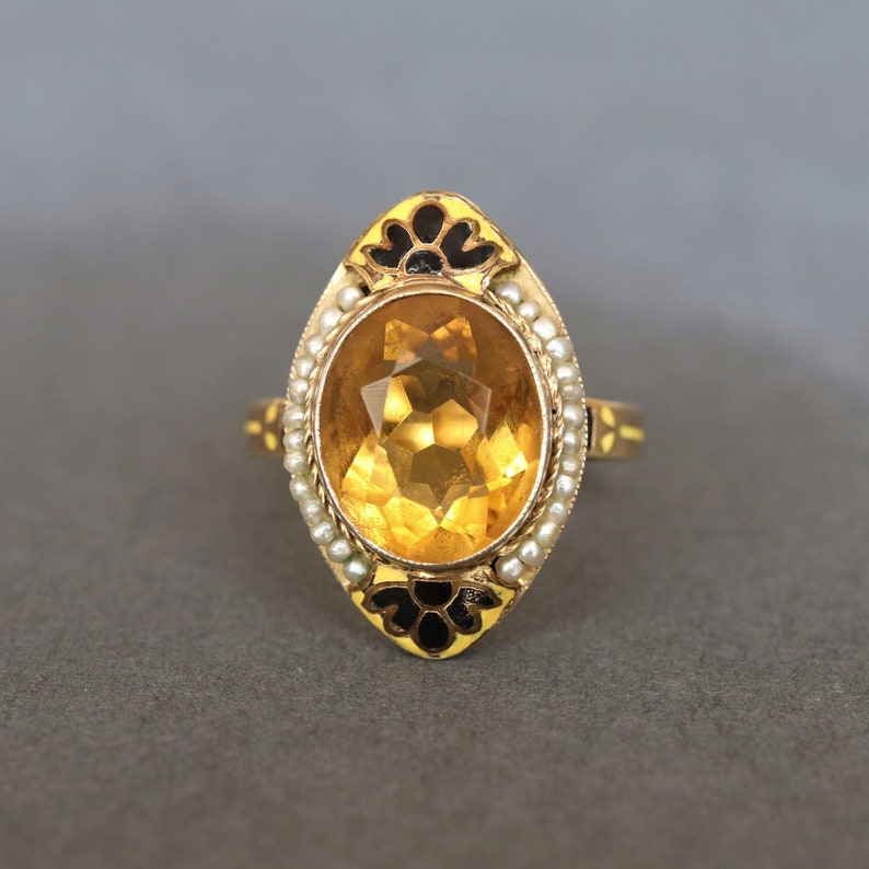 antique vintage art nouveau navette citrine jewelry jewellery ring enamel gold 14ct 14k marquise