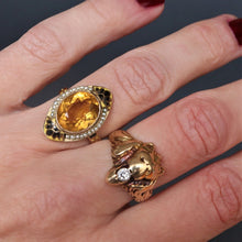 Load image into Gallery viewer, antique vintage art nouveau navette citrine jewelry jewellery ring enamel gold 14ct 14k lion diamond marquise
