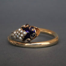 Load image into Gallery viewer, Antique Victorian era pearl, garnet &amp; enamel snake bangle in 14ct gold
