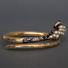 Load image into Gallery viewer, Antique Victorian era pearl, garnet &amp; enamel snake bangle in 14ct gold
